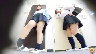 EE-609 02 Schoolgirls bladder failures in front of the toilet door